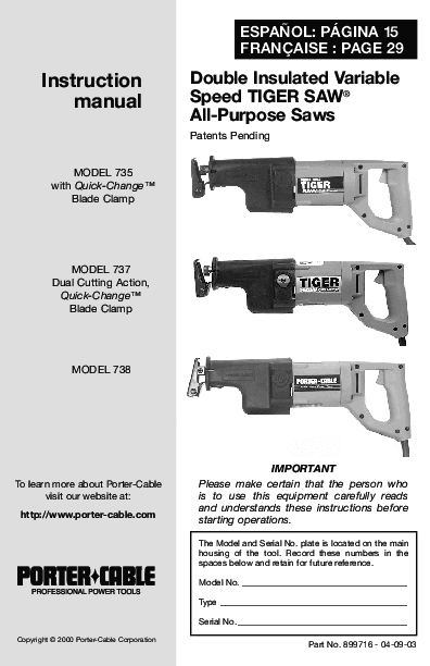 Default 2 Diagram and Parts List for PC9735 Type 1 Porter Cable Reciprocating Saw